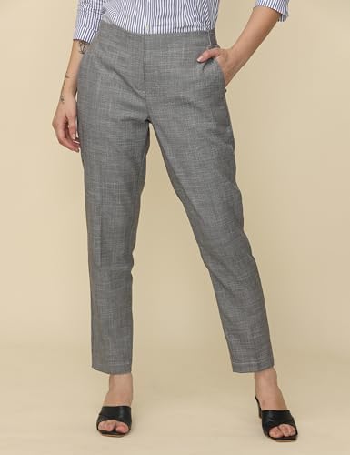 Image of WEARHOUSE Women's Polyester Solid Formal Elasticated Trousers Pant | Stripped Regular Fit for Office | Formal | (Grey)