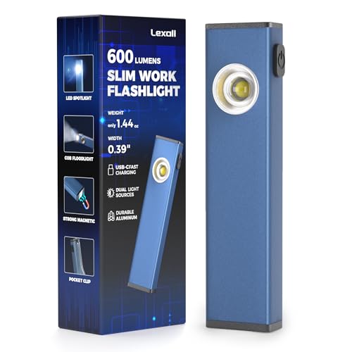 lexall Rechargeable Flashlight, 600 Lumens Portable LED Flashlight, Magnetic COB Flat Task Light with Pocket Clip, 3 Modes, Pocket Pen Inspection Light for Repairing, Camping, Hiking, Emergency（1 Pc）