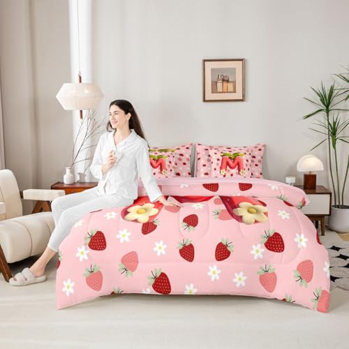 Image of Feelyou Girls Strawberry Comforter Set with Sheets 7 Piece King Size Pink Strawberry Bedding Set for Kids Boys Girls Initial Letter M Bed in a Bag Room Decor Soft Lightweight Microfiber