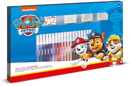 Multiprint 3 Timbri Per Bambini E 36 Pennarelli Colorati Paw Patrol Boy, Made In Italy, Set Timbrini Bimbi, In Legno E Gomma Naturale, Inchiostro Lava