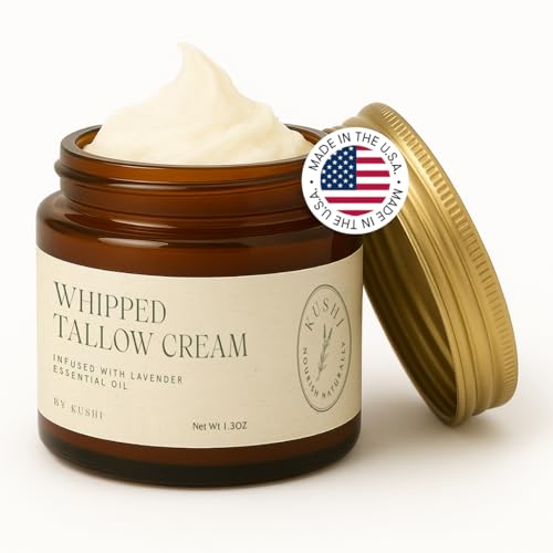 KUSHI Grass-Fed Whipped Tallow Cream Moisturizer for Face & Body Organic Lavender Vitamins A D E K Paraben & Sulfate Free All-Natural Skin Care 1.3oz