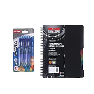 Luxor Converge Premium 5 subject notebook, spiral binding – Luxar Micra Ball Pen, pack of 5 (Combo Set)