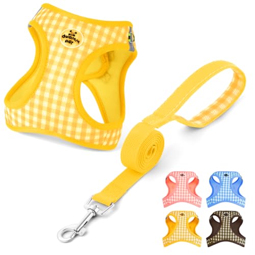 OFFCUP Pettorina per Cani Gatti con Guinzaglio Set Traspirante Imbracatura in Air Mesh per Cani Piccoli Pettorina Step-in Regolabile Riflettente Morbida Imbottito Anti-Strappo, Giallo, S