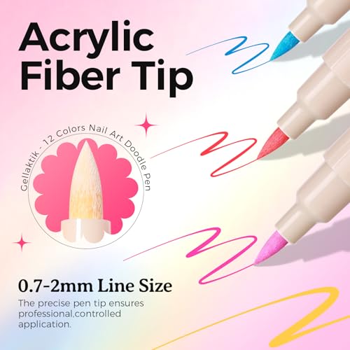 GELLAKTIK 12 Colors Nail Art Pens Set, 3D Nail Polish Pens, Quick-Drying Acrylic Paint Markers, 0.7mm Dotting Painting Liner Brush for DIY Nail Design, Home & Salon Manicure Tools 24 PCS