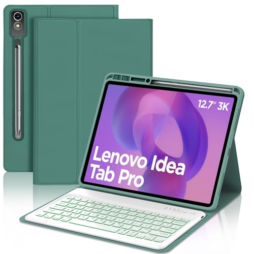 JADEMALL Hülle mit Tastatur für Lenovo Idea Tab Pro Tablet 12 7 (2025) TB373FU - QWERTZ Tastatur mit bunter 7-Farben-Beleuchtung ohne Touchpad für Xiaoxin PadPro & Moto Pad 60 Pro Smaragdgrün