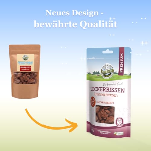 Bellfor Leckerbissen für Hunde Hühnerherzen Hundefutter - 50 g. Gefriergetrockneter Hundesnack. Getreidefreies Hundeleckerli, proteinreich und leicht verdaulich, ohne künstliche Zusätze.