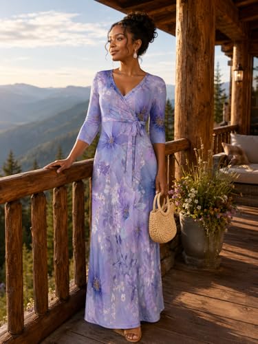 Image of PinkPatty Plus Size Maxi Dresses for Women Casual Flowy Long Dress 3 /4 Sleeve V Neck Wrap Dress with Belt