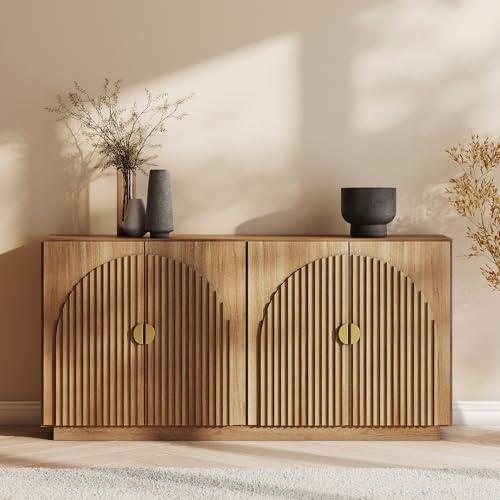 Image of BELLEZE 65 Inch Fluted Buffet Cabinet with Storage, Symmetrical Arc Accent Sideboard Large Console Table for Dining Room, Kitchen, and Living Room (Caramel Brown)