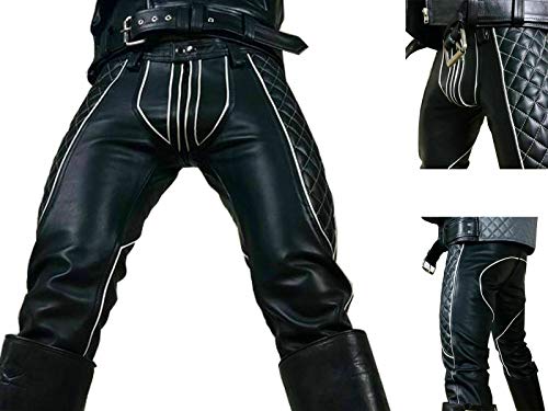 AREENO Motorcycle Bikers Sheep Leather Pants Man Black with White Trim Trousers Jeans4