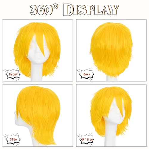 Image of S-noilite Unisex Cosplay Yellow Wig Short Fluffy Straight Hair Wig Women Mens Cartoon Anime Con Party Halloween Costume Dress Full Wigs Yellow