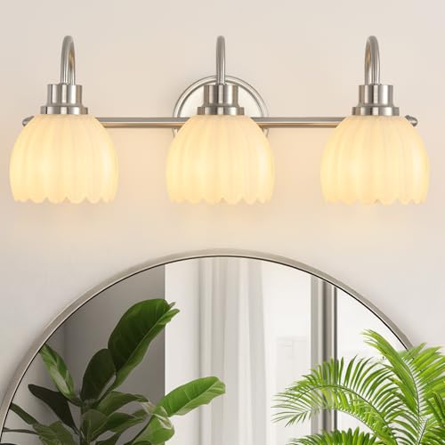 Image of Bathroom Light Fixtures(3-Light, 20 Inch), Brushed Nickel Vanity Lights for Bathroom with Ribbed White Tulip Glass Shade, Vintage Vanity Wall Lights for Mirror Bedroom Living Room Hallway