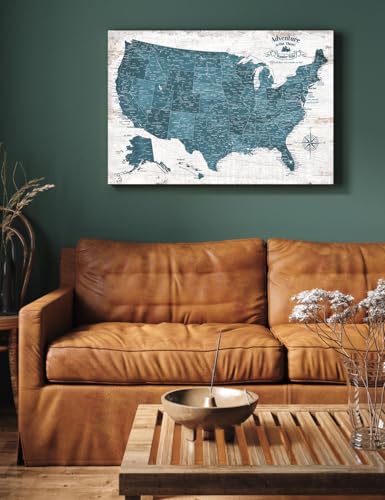 Image of IPIC - Vintage Teal USA Map Wall Art, Push Pin USA Map to Track Your Travels, Farmhouse Style Canvas Wall Decor for Home, Office, Living Room or RV, Ready to Hang, Made in USA
