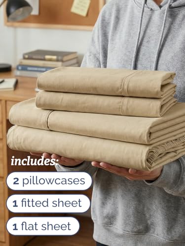 Image of Twin XL 4 Piece Sheet Set - College Dorm Room Essentials - Heathered Tan