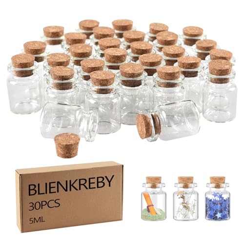 BLIENKREBY 30 pcs Botella de Vidrio Mini, 5 ML Botes Cristal Pequeños, Botellas Con Tapa de Corcho para Invitados Bodas, Decoración, Fiesta, Especias y Mermelada