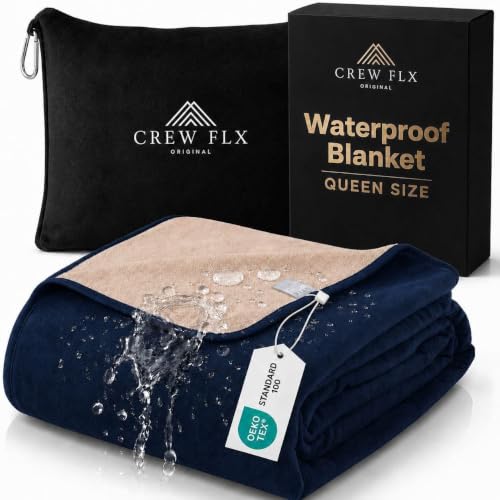 CREW FLX Waterproof Blanket for Bed (80"x 60") Soft Reversible Plush Flannel Fleece, Moisture Absorbent TPU Layer Stain Proof Couch Bed Mattress Water Proof Cover Navy Blue/Beige