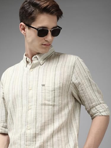 Image of THE BEAR HOUSE Men's Striped Slim Fit Cotton Linen Casual Shirt | Green | TBH-INGO-CR