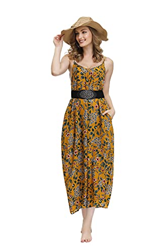 Image of BUENOS NINOS Women's V Neck Floral Maxi Dress Boho Printed Adjustable Spaghetti Strap Ethnic Beach Long Dress with Pockets