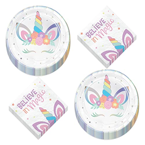 Floral Metallic Unicorn Party Paper Dessert Plates And Beverage Napkins (Serves 16) #TOP14
