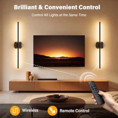 Image of Ollny Rechargeable Battery Operated Wall Sconces Set of Two with Remote Control, Dimmable & 3 Color Temperatures Wall Scones, 350 Rotatable Wireless Wall Lamps for Bedroom, Living Room, 28.7in
