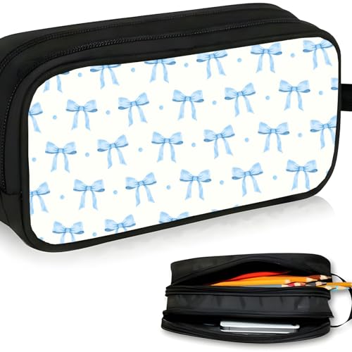 Image of WOBAGMEN Double Layer Pencil Case with Handle Large Pencil Bag Cute Print Pencil Pouch for Boys Girls (Blue Bow Polka Dots)