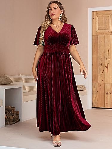 Image of Simplee Women's V Neck Velvet Maxi Dress Short Sleeve Empire Waist Long Formal Dress for Wedding Guest