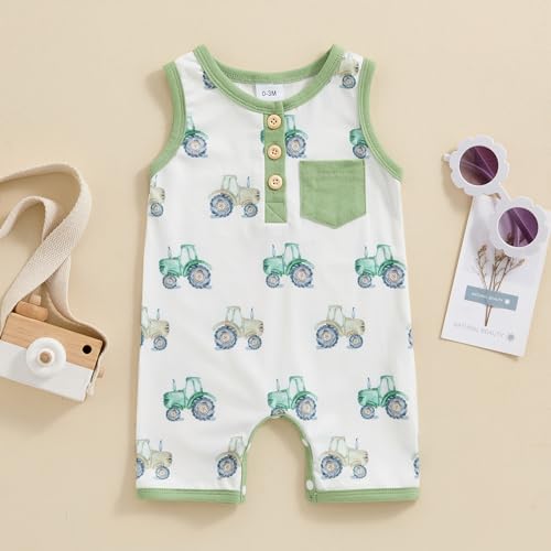 Infant Baby Boy Clothes Summer Sleeveless Tank Romper Tractor Animal Jumpsuit Button Pocket One Piece Outfits2