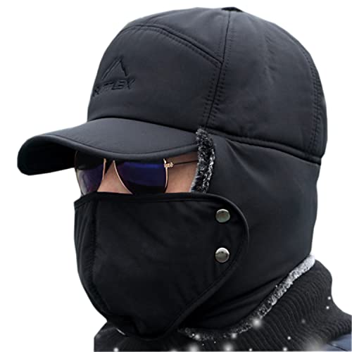 BXT Chapeau de trappeur 3 en 1 pour homme avec doublure en fourrure thermique avec rabat d'oreille et tour de cou intégral coupe-vent isolé chaud casquette de baseball d'hiver pour cyclisme, neige,