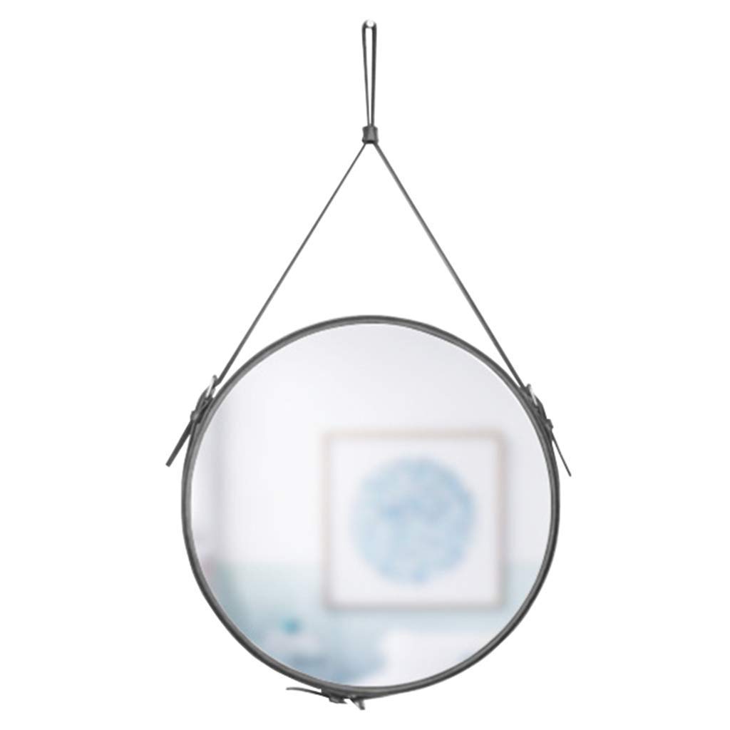 TYUHDUYUR Decorative Bathroom Mirror with Hanging Strap Modern Round Rustic Leather Creative Makeup Mirrors Gray (Size : 50cm) (50cm)