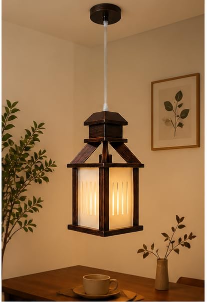 Premium Teak Wood Hanging Pendant Light | Handmade Wooden Ceiling Lamp with Frosted Glass | Ideal for Living Room, Dining, Bedroom, Cafe, Hotel with Bulb (Dark Walnut)-image-27