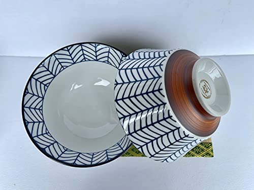 Traditional Japanese Porcelain Serving Bowls, 40.6 Fluid Ounces, Yabane Arrow-Fletch Pattern, Donburi Noodle Ramen Soup Pasta Authentic Mino Ware, Set Of 2 Made In Japan 2000 #TOP1