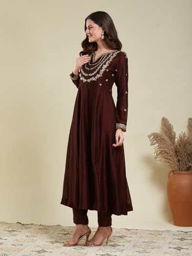Image of MOKOSH Women's Silk Embroidery Anarkali Kurta Pant with Dupatta | Women's Anarkali Kurta Set | 3 Piece Ethnic Outfit with Dupatta | Round Neck Full Sleeve