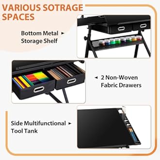 SUPER DEAL Adjustable Drafting Table Set with Charging Station, Art Table for Adults, Artist Table with Stool Multifunctional Craft Workstation with 2 Storage Drawers for Home Office School