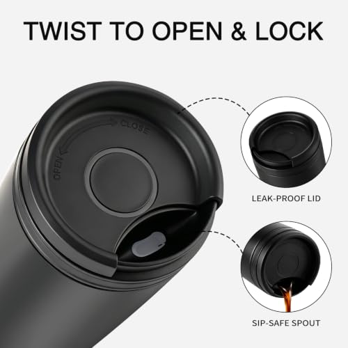 Image of 16 oz Travel Coffee Mug with Twist-Open Lid, Leak Proof Coffee Travel Mug, Insulated Tumbler Stainless Steel Coffee Cup For Hot And Iced Cold, Spill Proof Fits Cup Holder (Black)