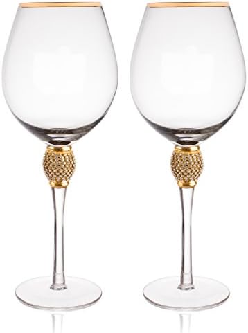 Trinkware Gold Rimmed Wine Glasses Set of 2 - Rhinestone Champagne Flutes"DIAMOND" Studded - Long Stem, 16oz, 10-inches Tall – Elegant Glassware And Stemware