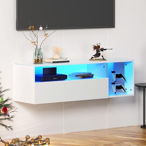 sogesfurniture 39.3” Floating Wall TV Cabinet Stand with LED Lights, Wall Mounted Entertainment Center with Storage Shelves, Modern High Gloss Media Console for Living Room, Bedroom