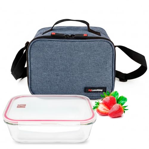 Bolsa Térmica Porta Alimentos con Táper de Cristal 840 ml – Lunch Bag Isotérmica Reutilizable con Asa y Correa Ajustable Mantiene la Comida Fresca y Segura para Trabajo, Oficina, o Playa, Azul