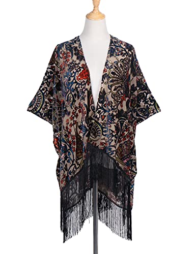 Image of MJ SERECA Women's Burnout Velvet Kimono Cardigan Cover Up with Tassel