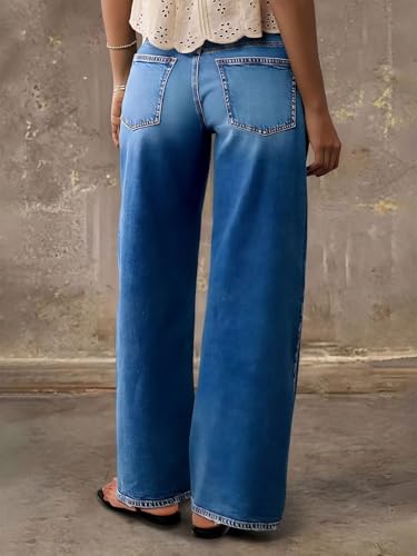 Flamingals Straight Leg Jeans for Women Mid Rise Baggy Flap Pockets Wash Denim Pants Without Belt4