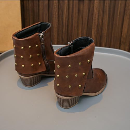 Girls Low Heels Cowgirl Cowboy Western Boots Rivet Mid Calf Booties Side Zipper Riding Shoes4