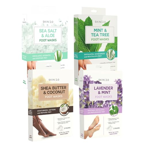 Skin 2.0 Exfoliating Foot Mask Variety Pack – Dermatologist Tested, Korean Skin Care – Hydrates Dry Feet, Softens Rough Areas & Refreshes Tired Steps – Vegan, Cruelty Free, Clean Beauty – 12 Pairs