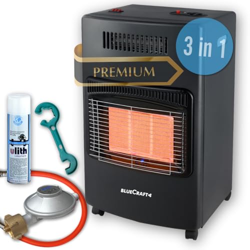Bluecraft 3-in-1 Gas-Ofen & Elektroheizung | Heizofen in PREMIUM QUALITÄT | Gasheizer Infrarot Heizstrahler Notofen 4,2 kW mit Druckregler, Gas-Schlauch, Gasregler-Schlüssel | für Gasflasche 5kg 11kg