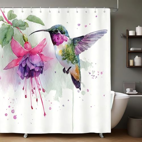 Aquarell Duschvorhang 200x180 cm Blumen Fuchsien & Kolibris wasserdicht Polyester Badvorhang waschbar schnell trocknend mit 12 Haken für Badezimmer & Badewanne