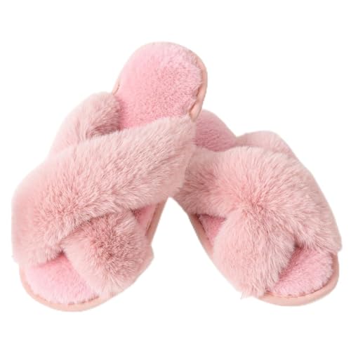 Women's Fuzzy Cross Band Slippers Indoor Outdoor Soft Open Toe House Slippers