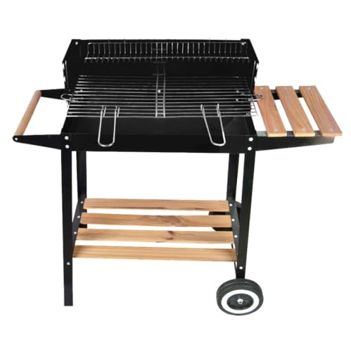 Barbecue Empotec Esterno Mensola in Legno, Griglia Acciaio, Antivento Ripiano Inferiore Comoda Maniglia Ruote Pratico Comodo Facile da Usare Cottura 4 Livelli Grill Carbonella 41P x 86,5L x 81H cm