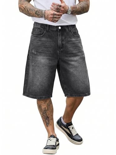 Image of PLEPAN Mens Super Baggy Jean Shorts 12 inch Vintage Loose Fit Wide Leg Long Jorts Y2K Streetwear Below Knee Denim Shorts