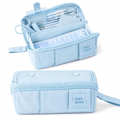 Image of Invite Multi-Functional Soft Pencil Case for Girls | Large Capacity Zipper Pouch with Multiple Compartments | Aesthetic Stationery Organizer for School, College & Office (Soft More Blue)