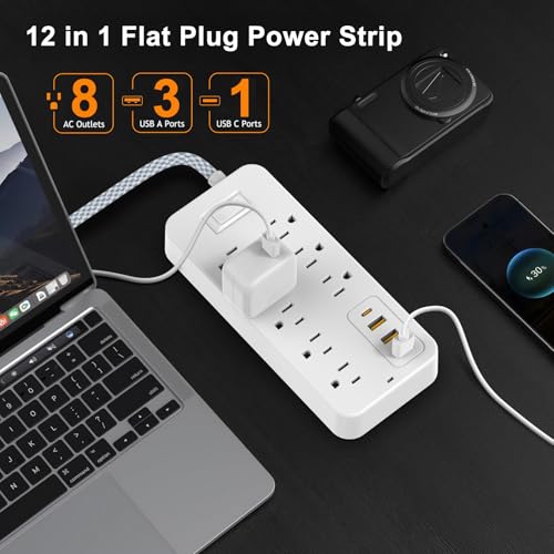 Power Strip Power Bar, Muti-Outlets Ports Desktop Charging Station, Flat Plug Overload Surge Protection Outlet Strip, USB Ports, Extension Cord, Wall Mount, Night Light Station Socket,for Home,Office - Thumbnail 2