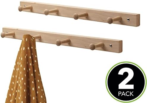 mDesign Set of 2 Wooden Peg Rail  Coat Rail with 4 Coat Hooks for Jackets, Dressing Gowns, Scarves and Towels  Wall Mounted Coat Rack  Natural
