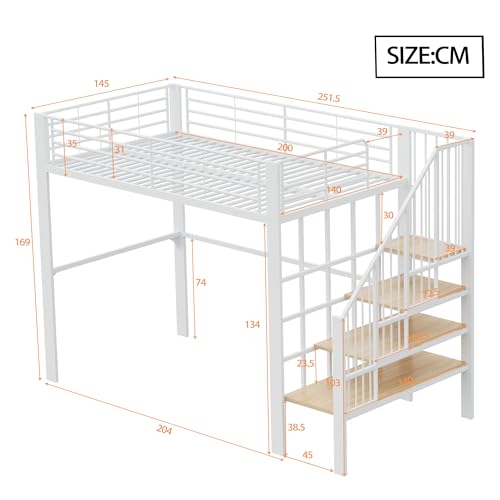 Hochbett 140 x 200 Stabile Metallkonstruktion mit geräumigem Stauraum unter dem Bett und Treppe Ideal für Kinder und Erwachsene Stauraumbett für maximale Platzeffizienz (Weiß)