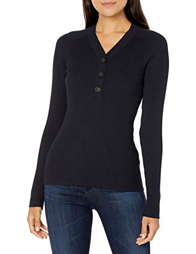 Lark & Ro Women s Premium Viscose Blend Rib Long Sleeve Henley Slim Fit Sweater, NAVY, XX-Large